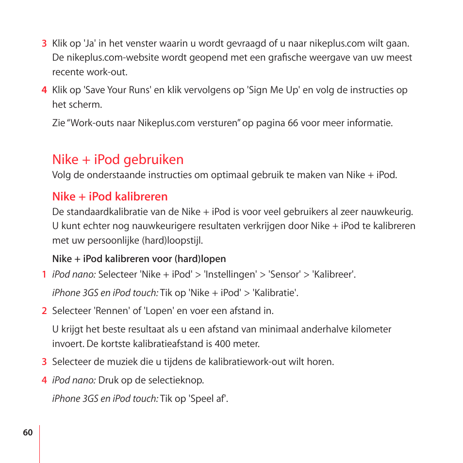 Nike + ipod gebruiken, Nike + ipod kalibreren | Apple Nike + iPod User Manual | Page 60 / 104