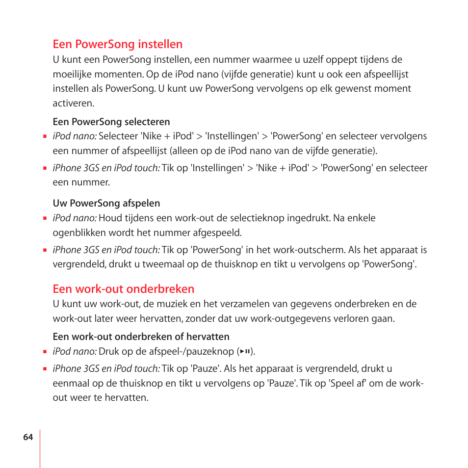 Een powersong instellen, Een work-out onderbreken | Apple Nike + iPod User Manual | Page 64 / 104