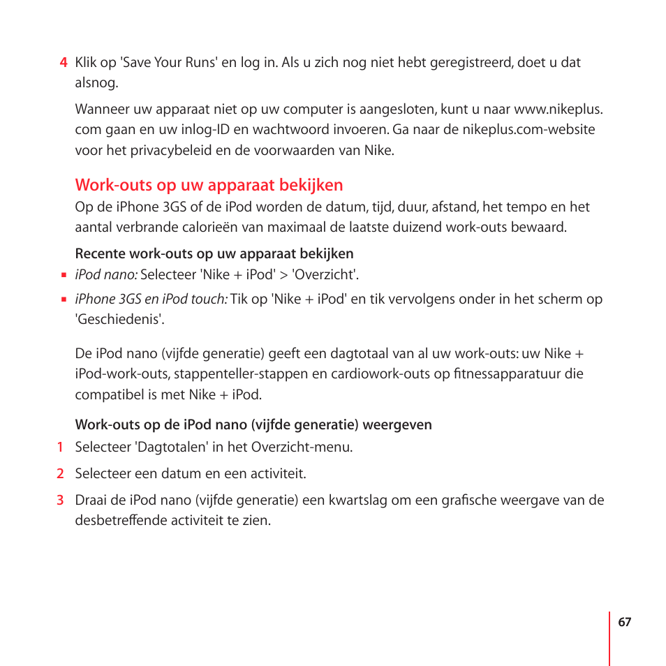 Work-outs op uw apparaat bekijken | Apple Nike + iPod User Manual | Page 67 / 104