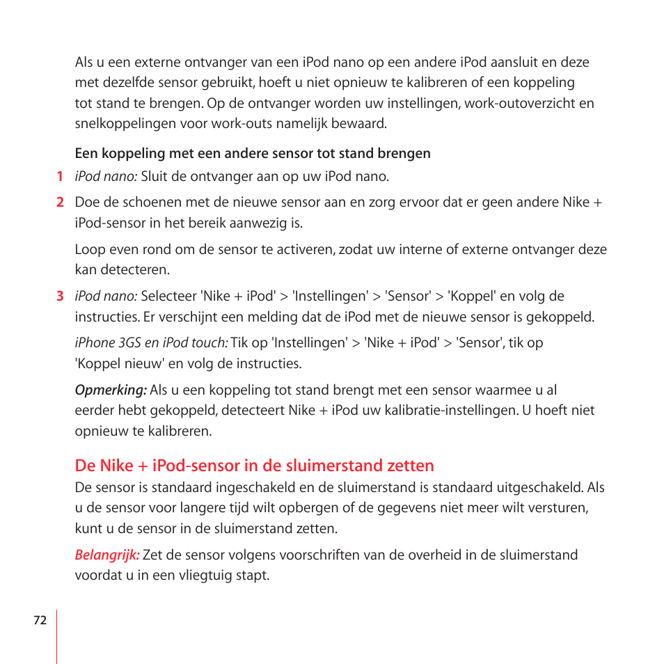 De nike + ipod-sensor in de sluimerstand zetten | Apple Nike + iPod User Manual | Page 72 / 104