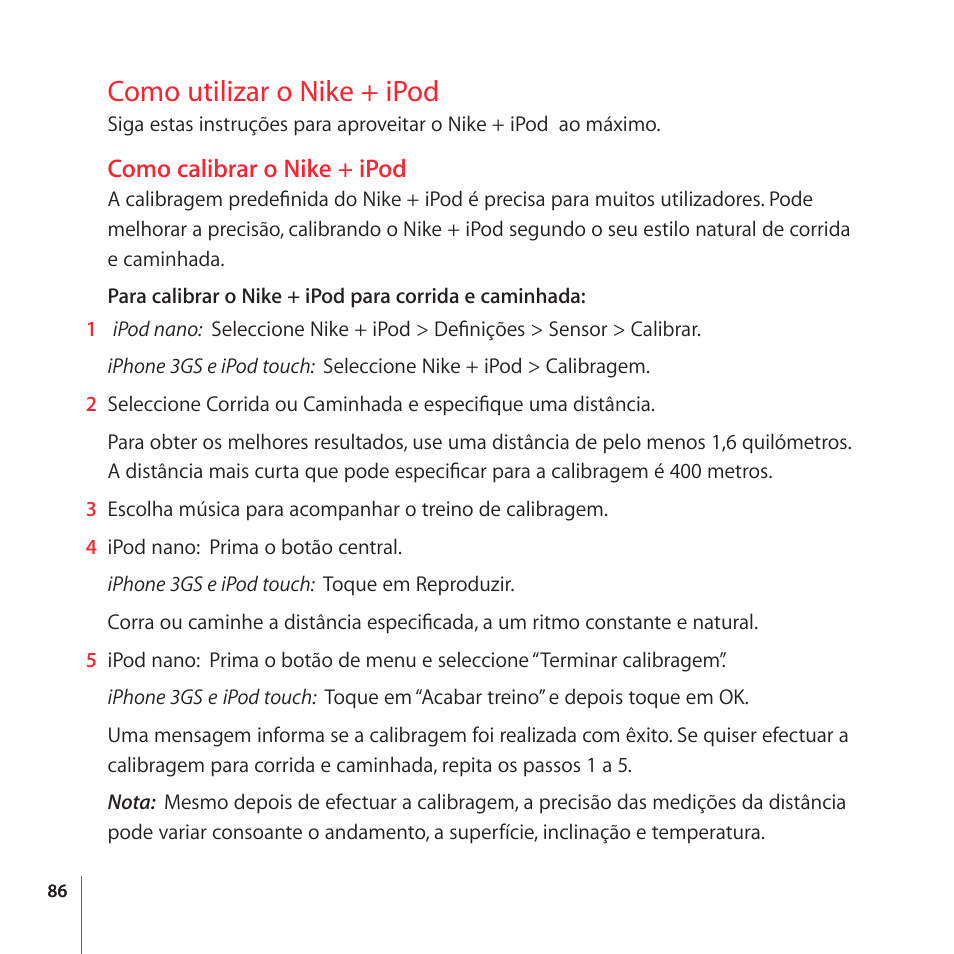 Como utilizar o nike + ipod, Como calibrar o nike + ipod | Apple Nike + iPod User Manual | Page 86 / 104
