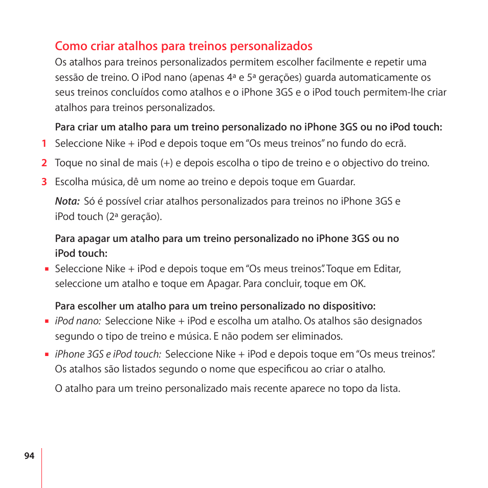 Como criar atalhos para treinos personalizados | Apple Nike + iPod User Manual | Page 94 / 104