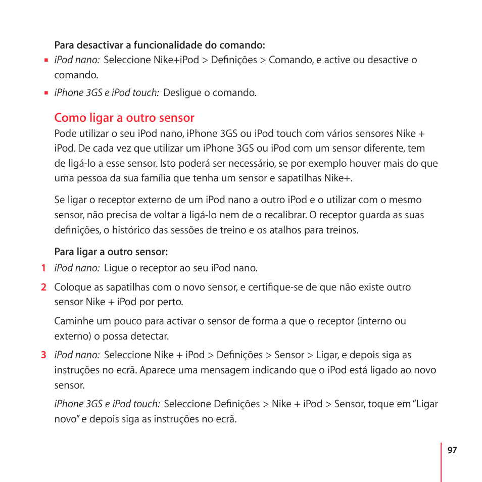 Como ligar a outro sensor | Apple Nike + iPod User Manual | Page 97 / 104