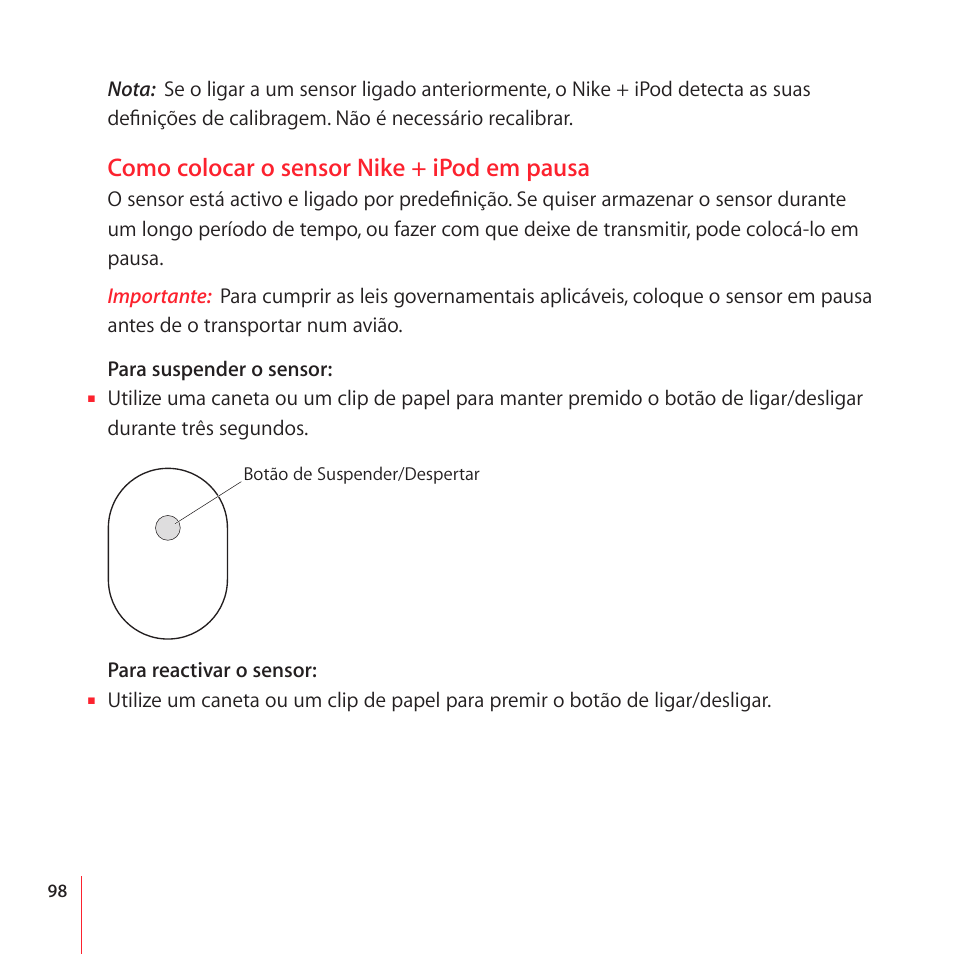 Como colocar o sensor nike + ipod em pausa | Apple Nike + iPod User Manual | Page 98 / 104
