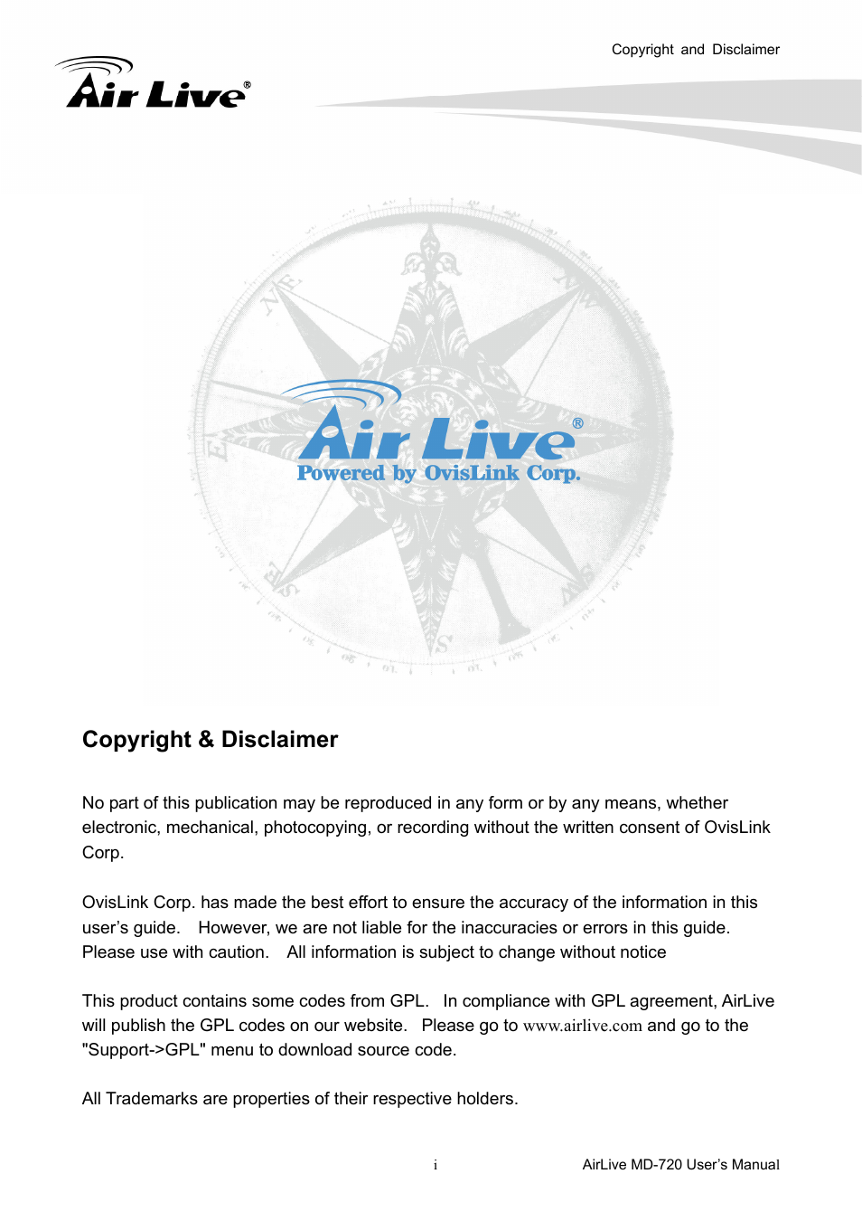 Copyright & disclaimer | AirLive MD-720 User Manual | Page 2 / 68