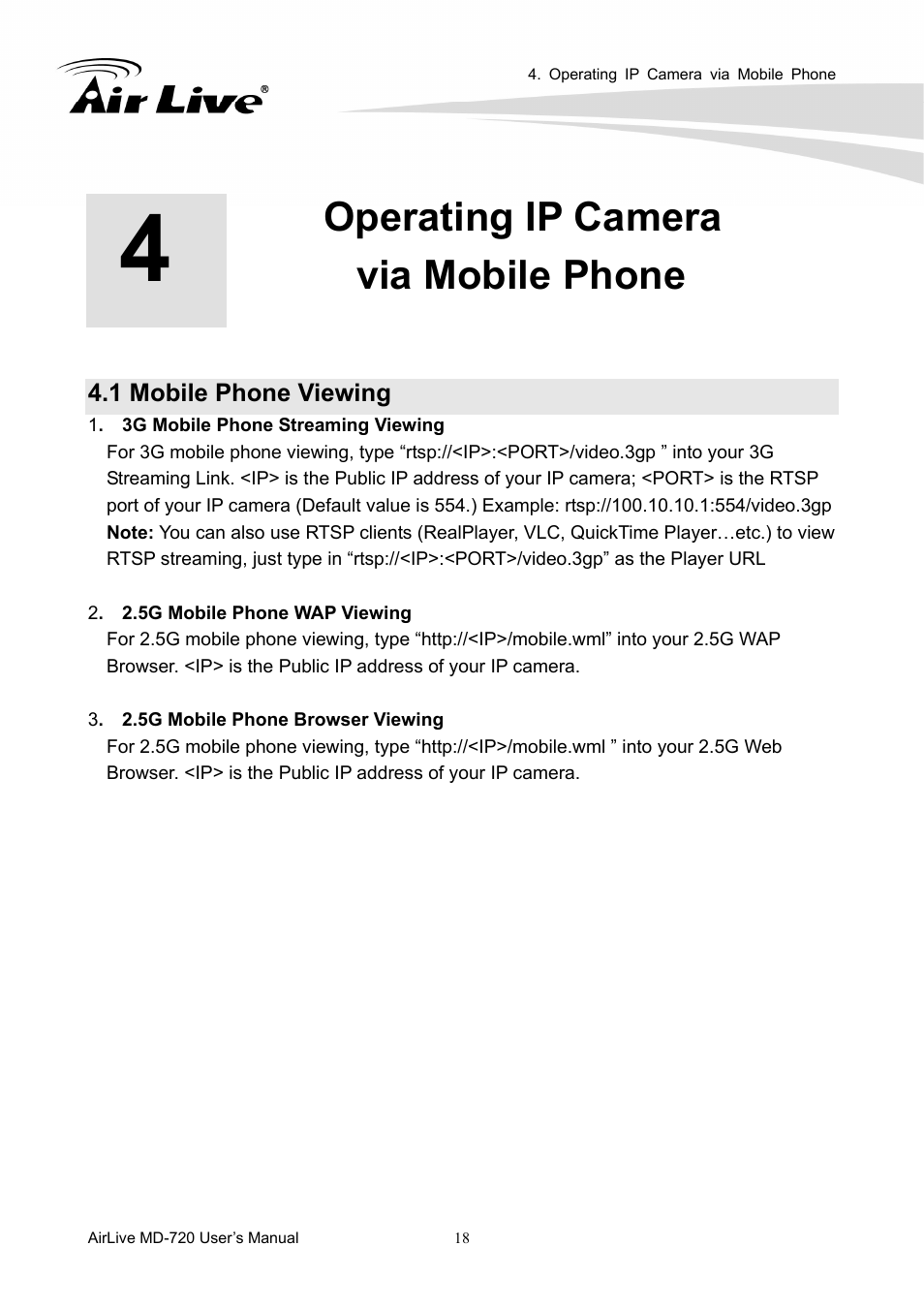 Operating ip camera via mobile phone, 1 mobile phone viewing | AirLive MD-720 User Manual | Page 23 / 68