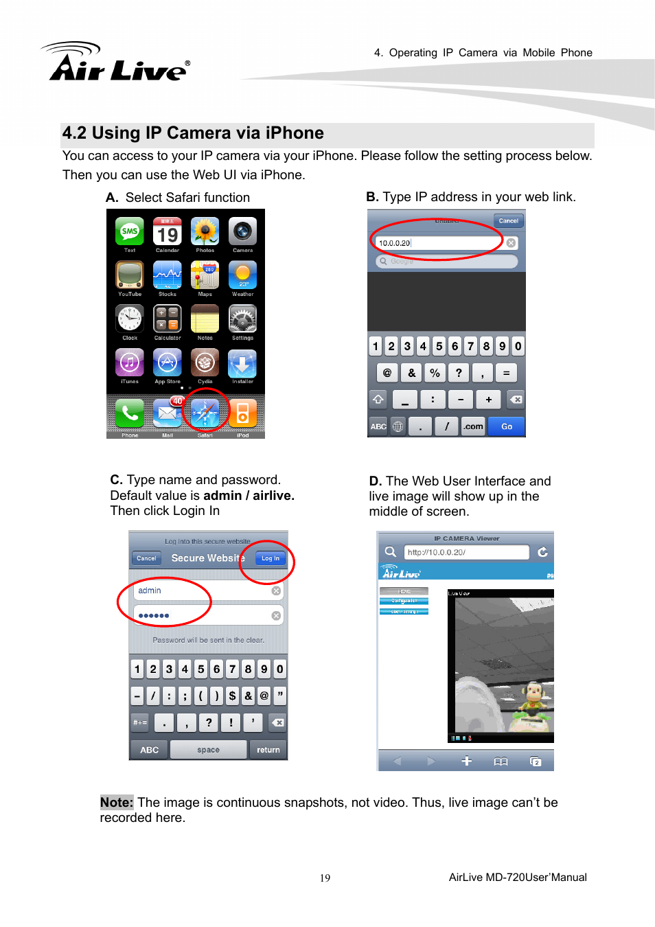 2 using ip camera via iphone | AirLive MD-720 User Manual | Page 24 / 68