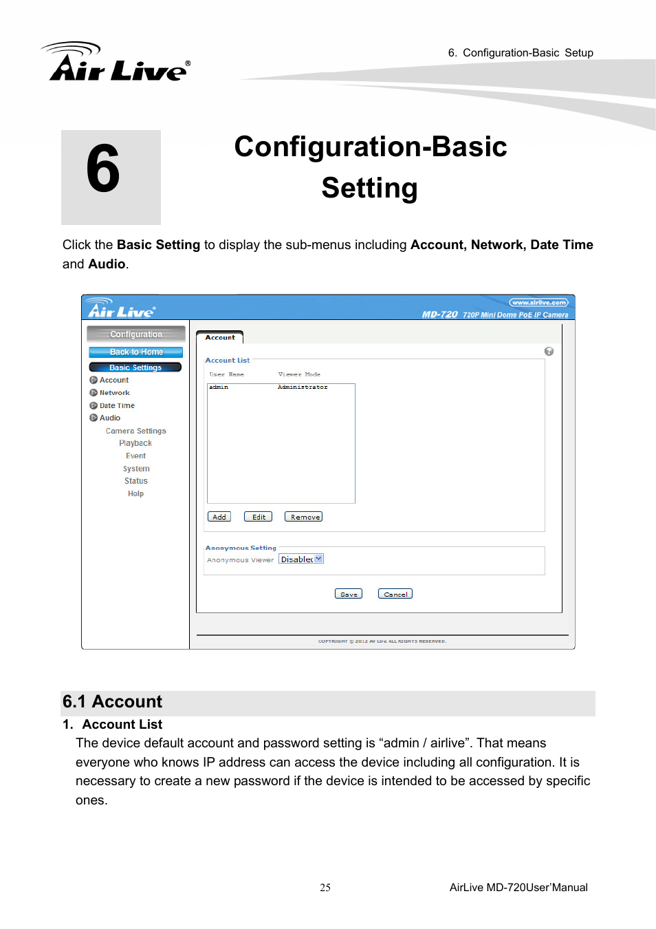 Configuration-basic setting, 1 account | AirLive MD-720 User Manual | Page 30 / 68