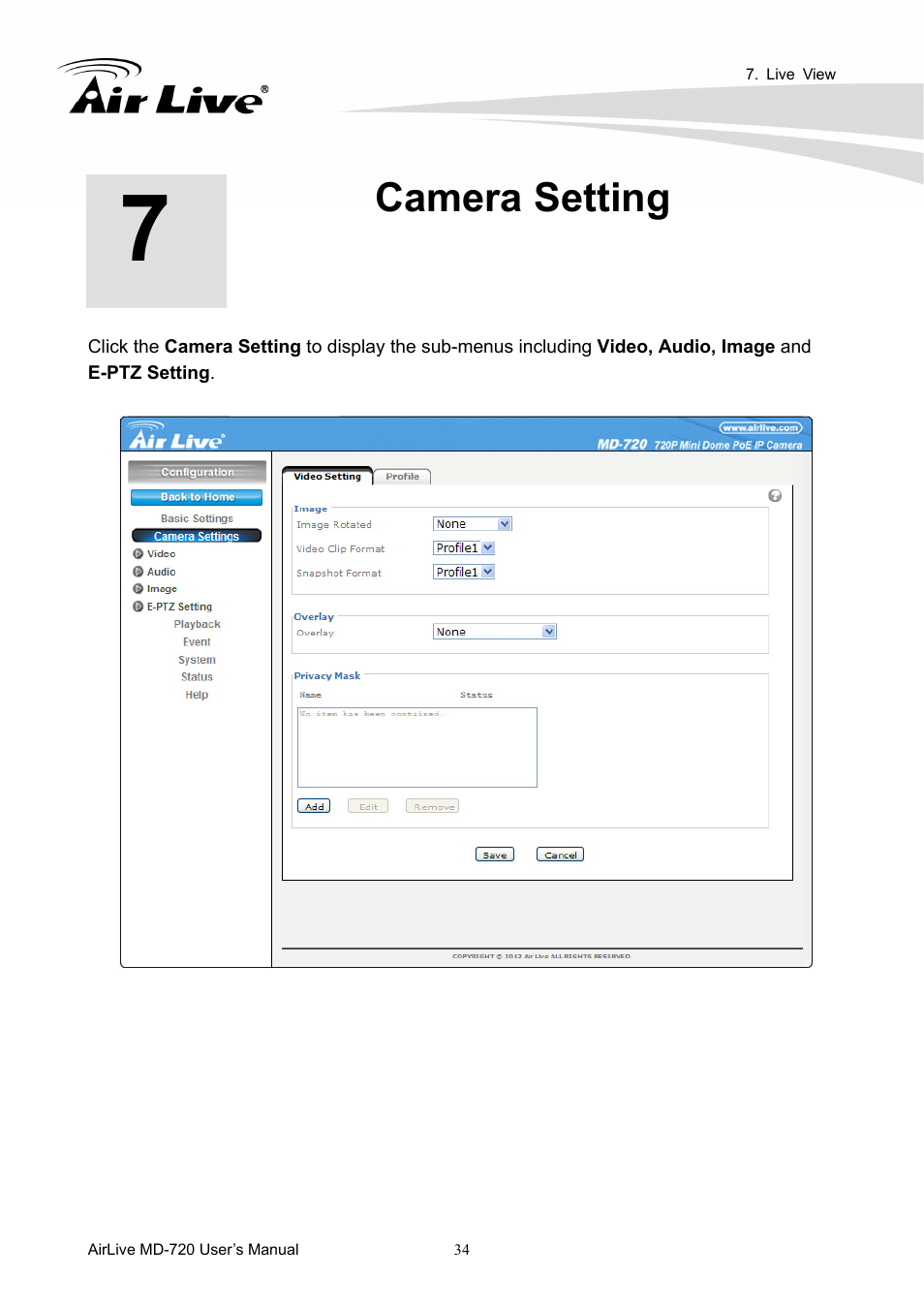 Camera setting | AirLive MD-720 User Manual | Page 39 / 68