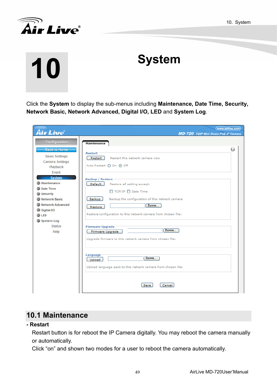 System, 1 maintenance | AirLive MD-720 User Manual | Page 54 / 68