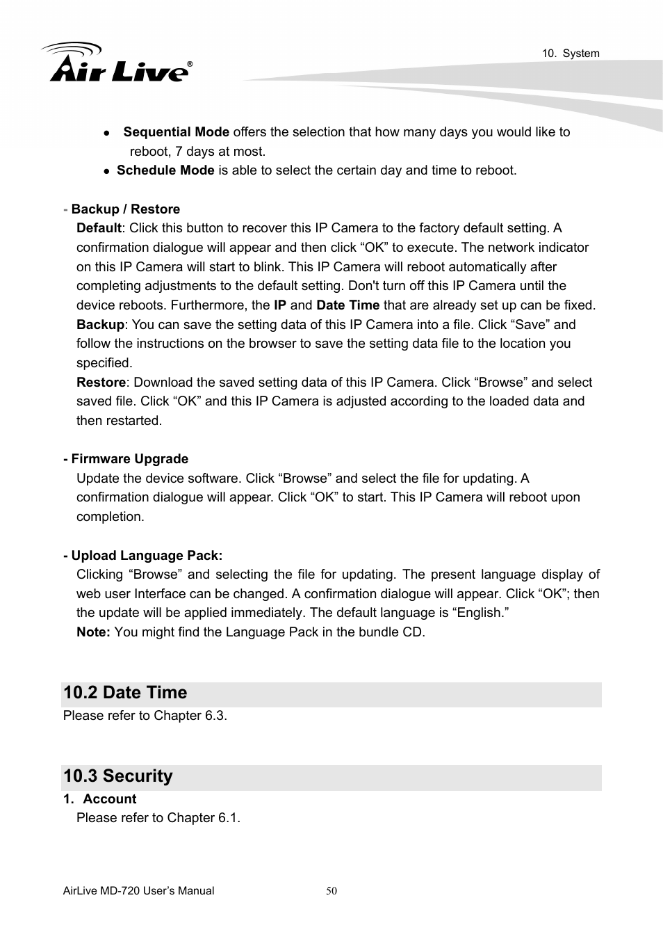 2 date time, 3 security | AirLive MD-720 User Manual | Page 55 / 68