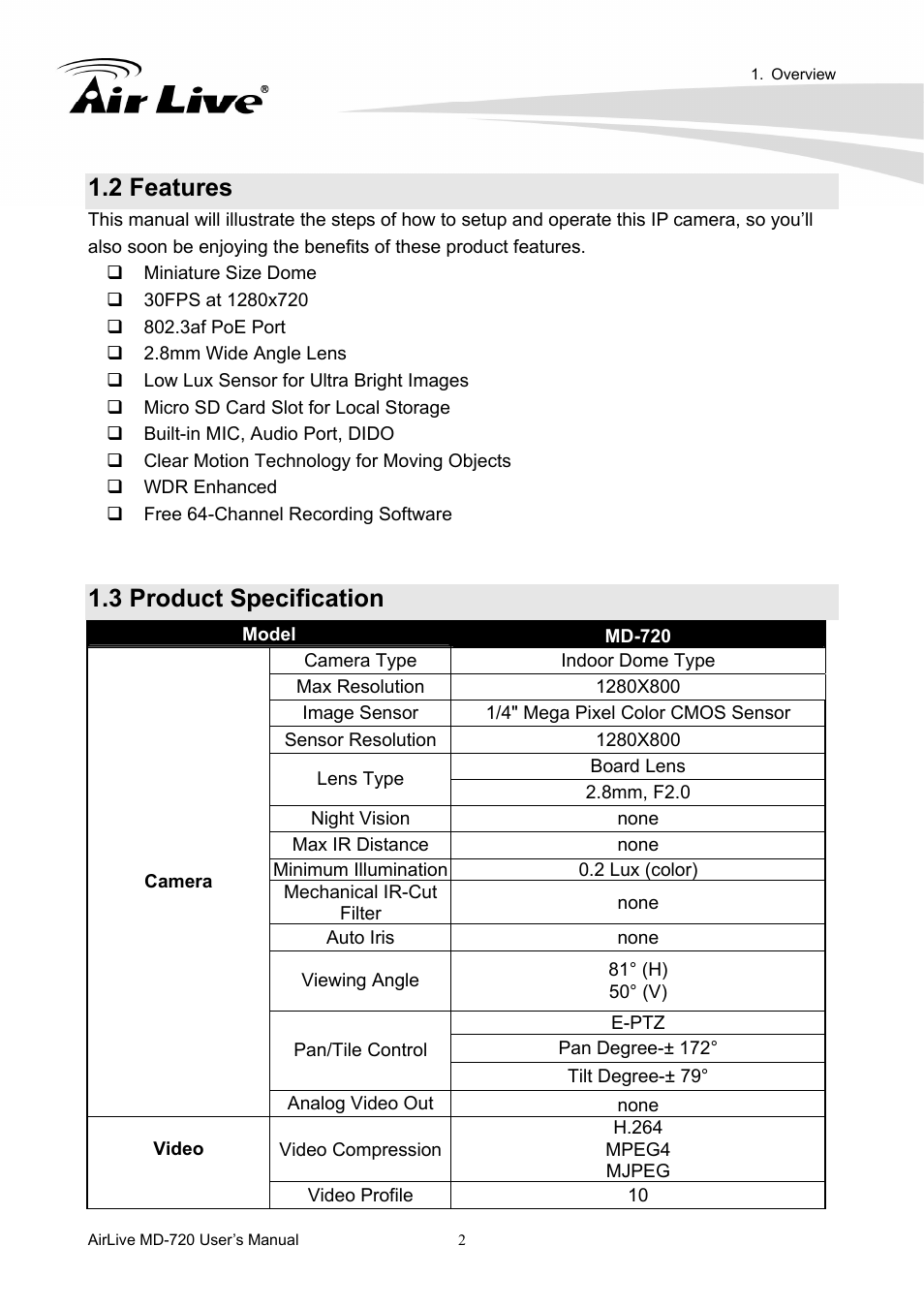 2 features, 3 product specification | AirLive MD-720 User Manual | Page 7 / 68