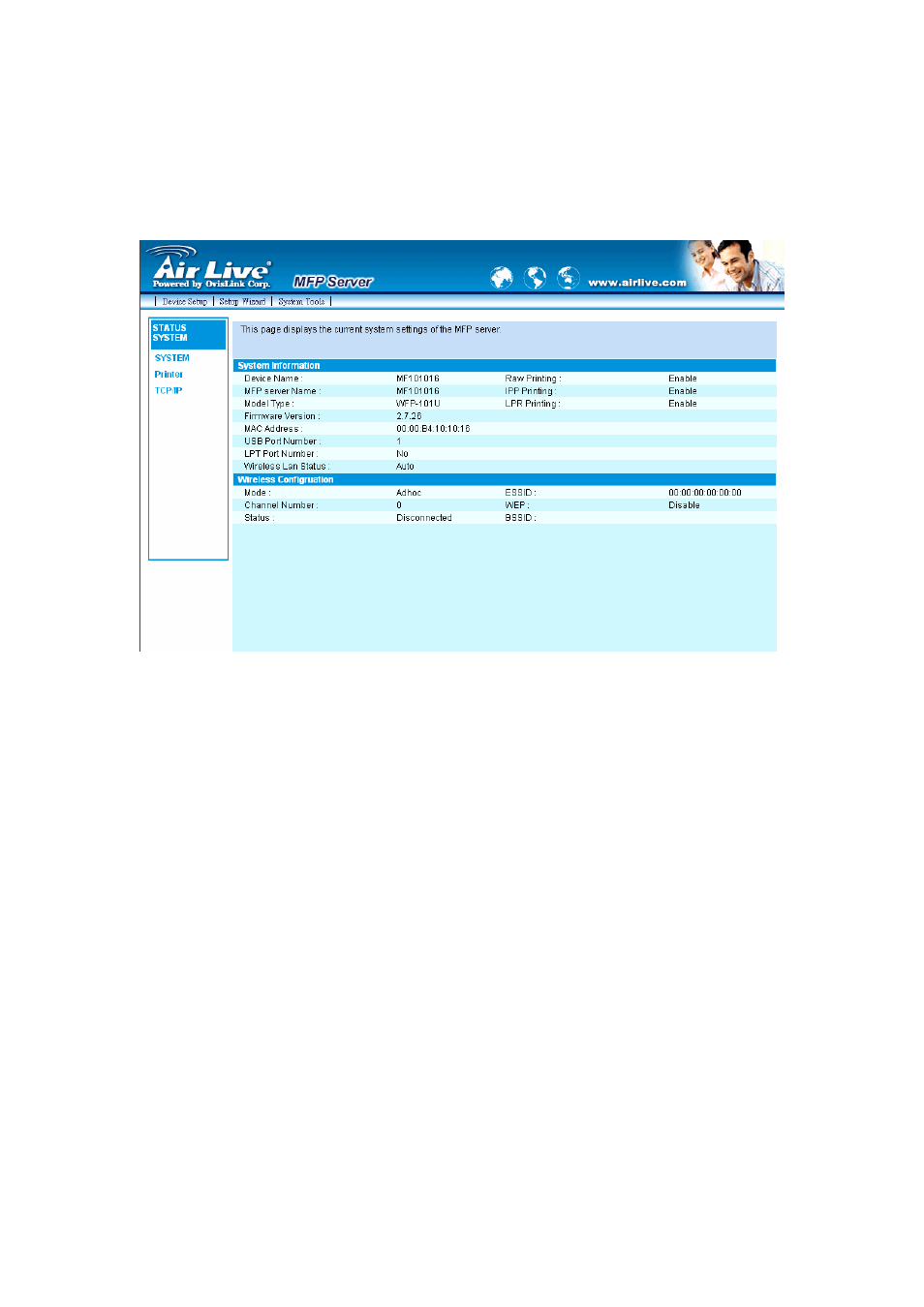 3 device setup, 1 system, Device setup | System | AirLive MFP-101U User Manual | Page 72 / 133