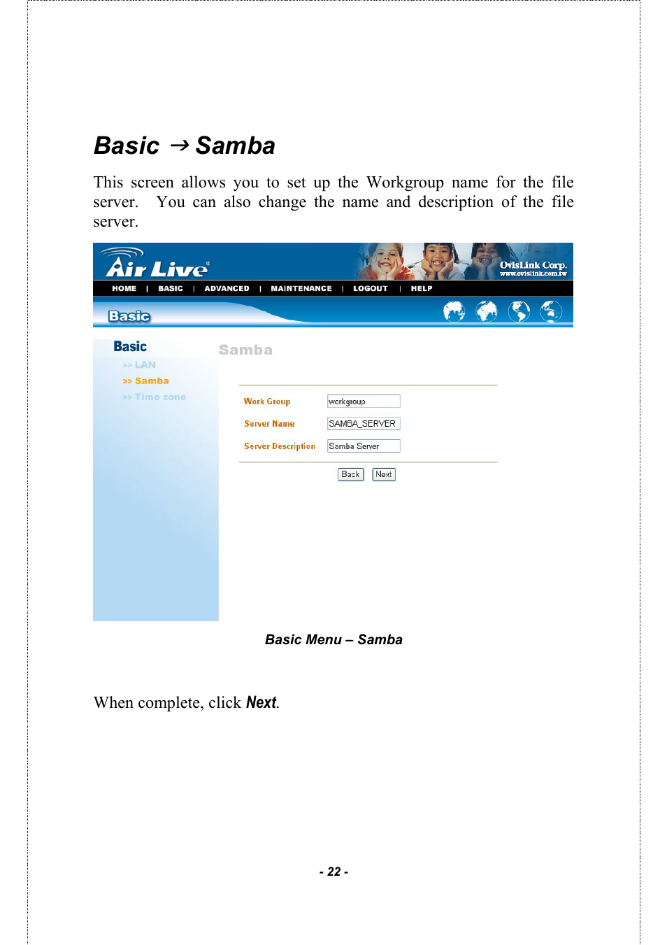 Basic, Samba | AirLive MU-5000FS A2 User Manual | Page 22 / 42