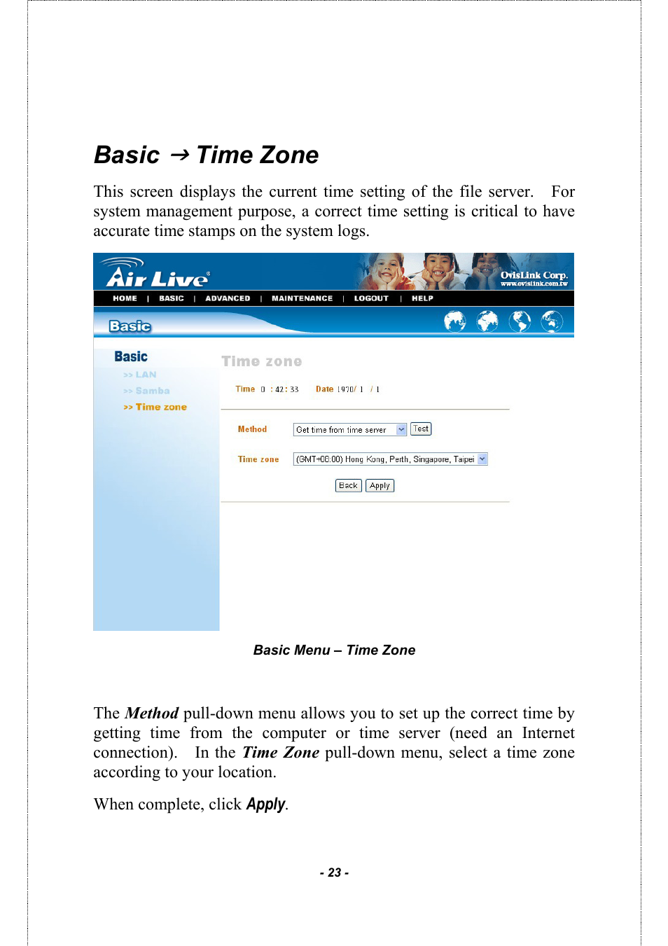 Basic, Time zone | AirLive MU-5000FS A2 User Manual | Page 23 / 42