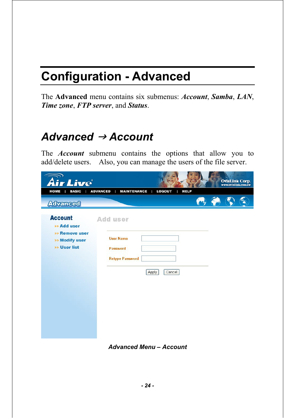 Configuration - advanced, Advanced, Account | AirLive MU-5000FS A2 User Manual | Page 24 / 42