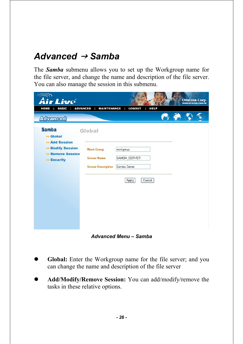 Advanced, Samba | AirLive MU-5000FS A2 User Manual | Page 26 / 42