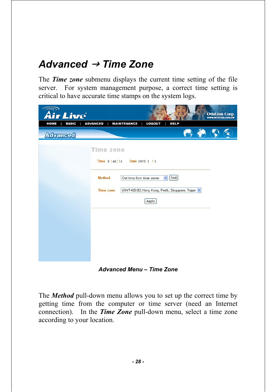 Advanced, Time zone | AirLive MU-5000FS A2 User Manual | Page 28 / 42
