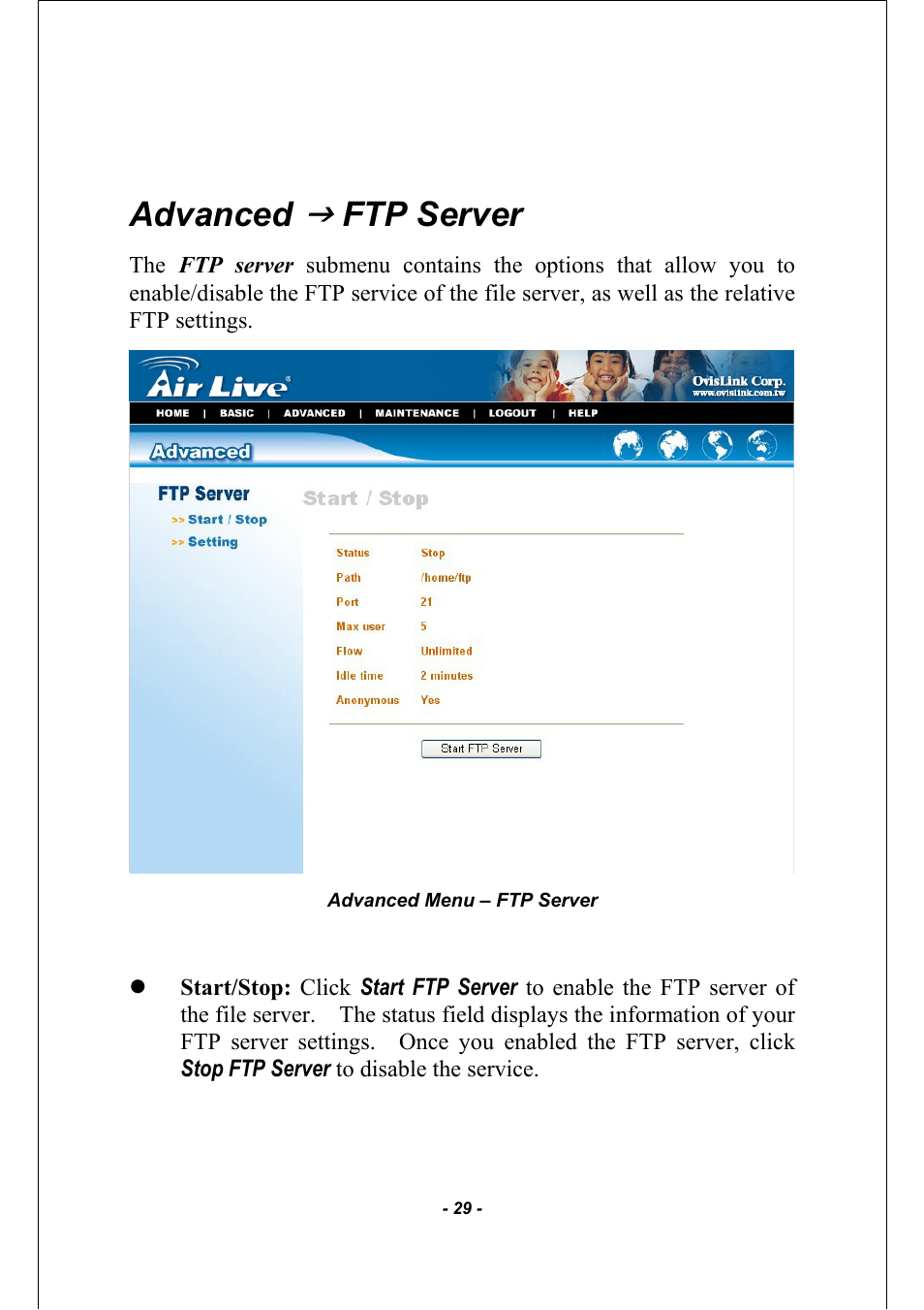 Advanced, Ftp server | AirLive MU-5000FS A2 User Manual | Page 29 / 42