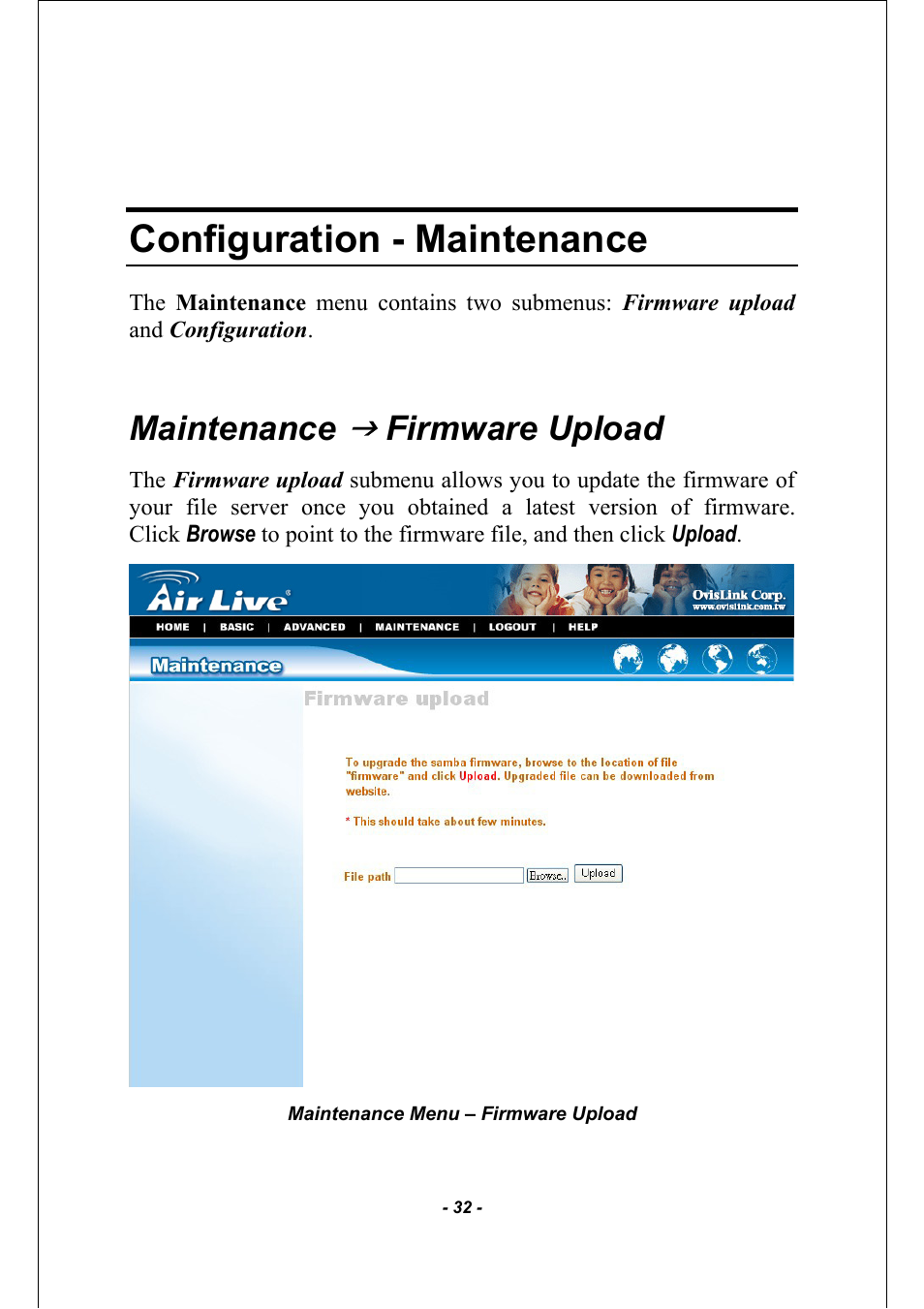 Configuration - maintenance, Maintenance, Firmware upload | AirLive MU-5000FS A2 User Manual | Page 32 / 42
