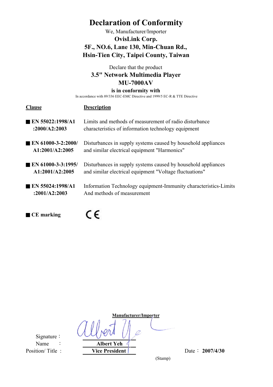 Ce declaration of conformity, Declaration of conformity | AirLive MU-7000AVs User Manual | Page 2 / 36