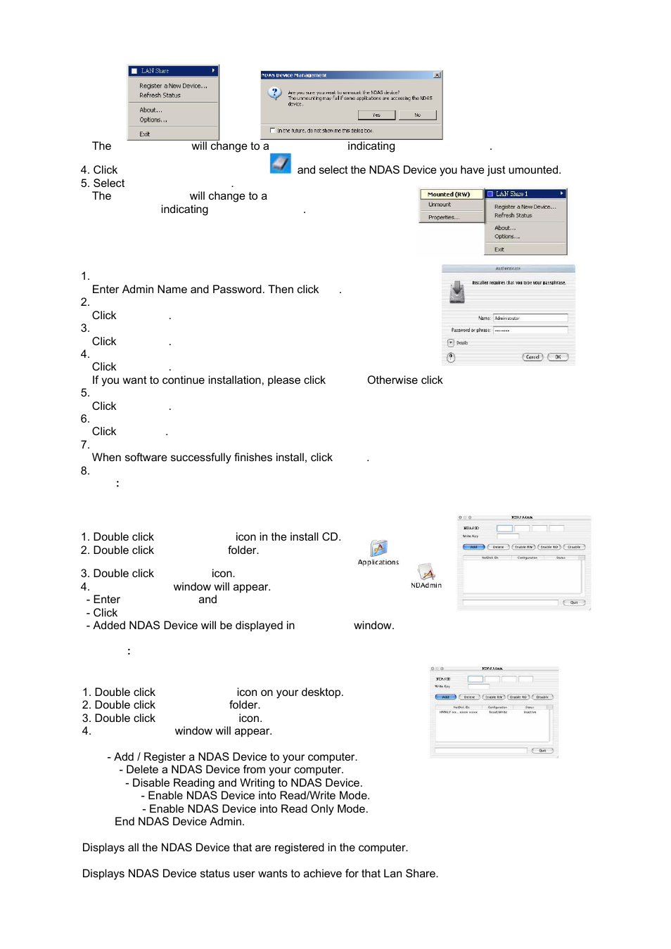 4 use with lan share mode in mac os x, 1 install ndas device management, 2 add / register ndas device | 3 using ndas device admin to get netdiskadmin, 3 using ndas device admin | AirLive MU-7000AVs User Manual | Page 26 / 36