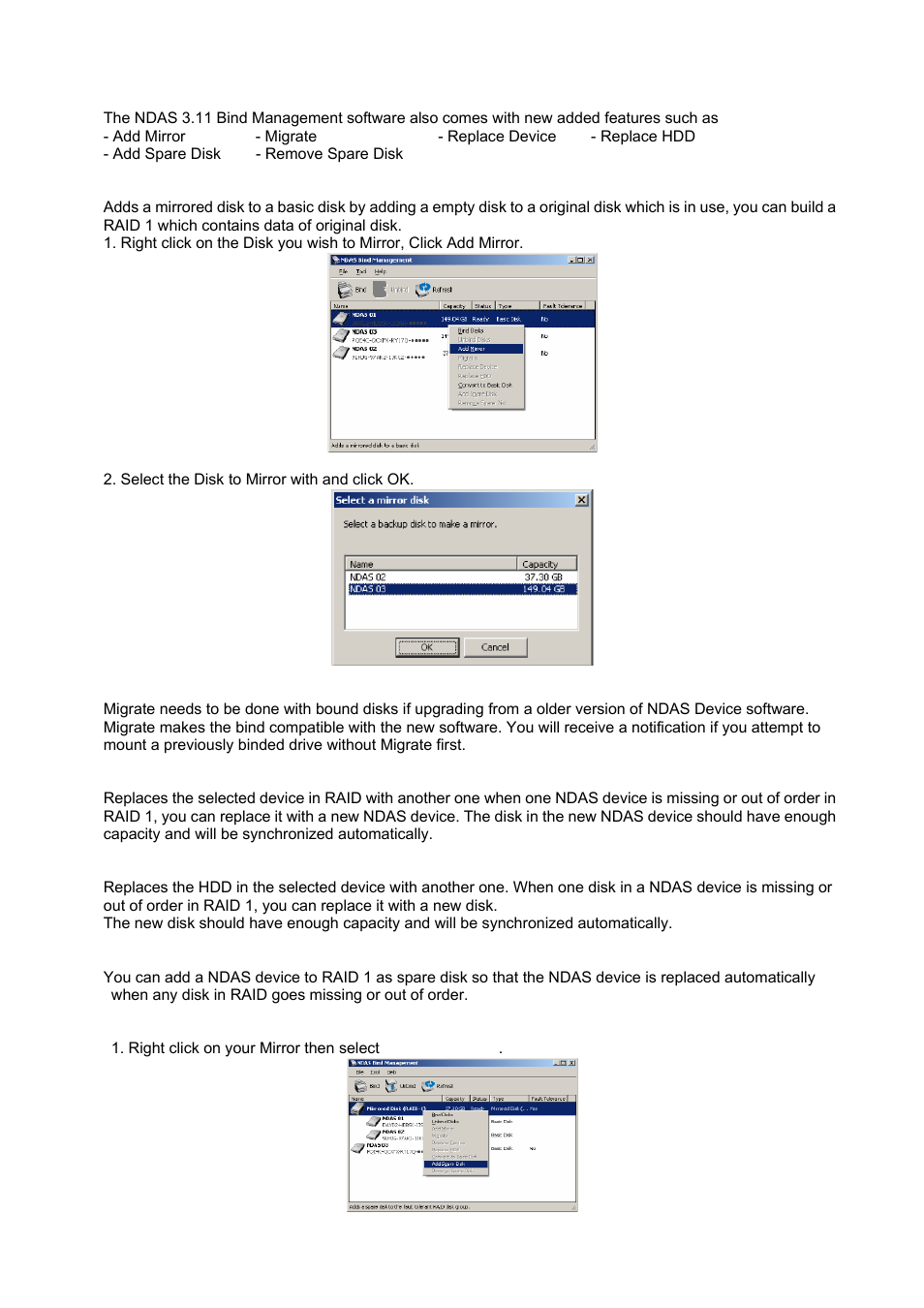 6 other ndas bind management functions, 1 add mirror, 2 migrate | 3 replace device, 4 replace hdd, 5 add spare disk, Add mirror, Migrate, Replace device, Replace hdd | AirLive MU-7000AVs User Manual | Page 31 / 36