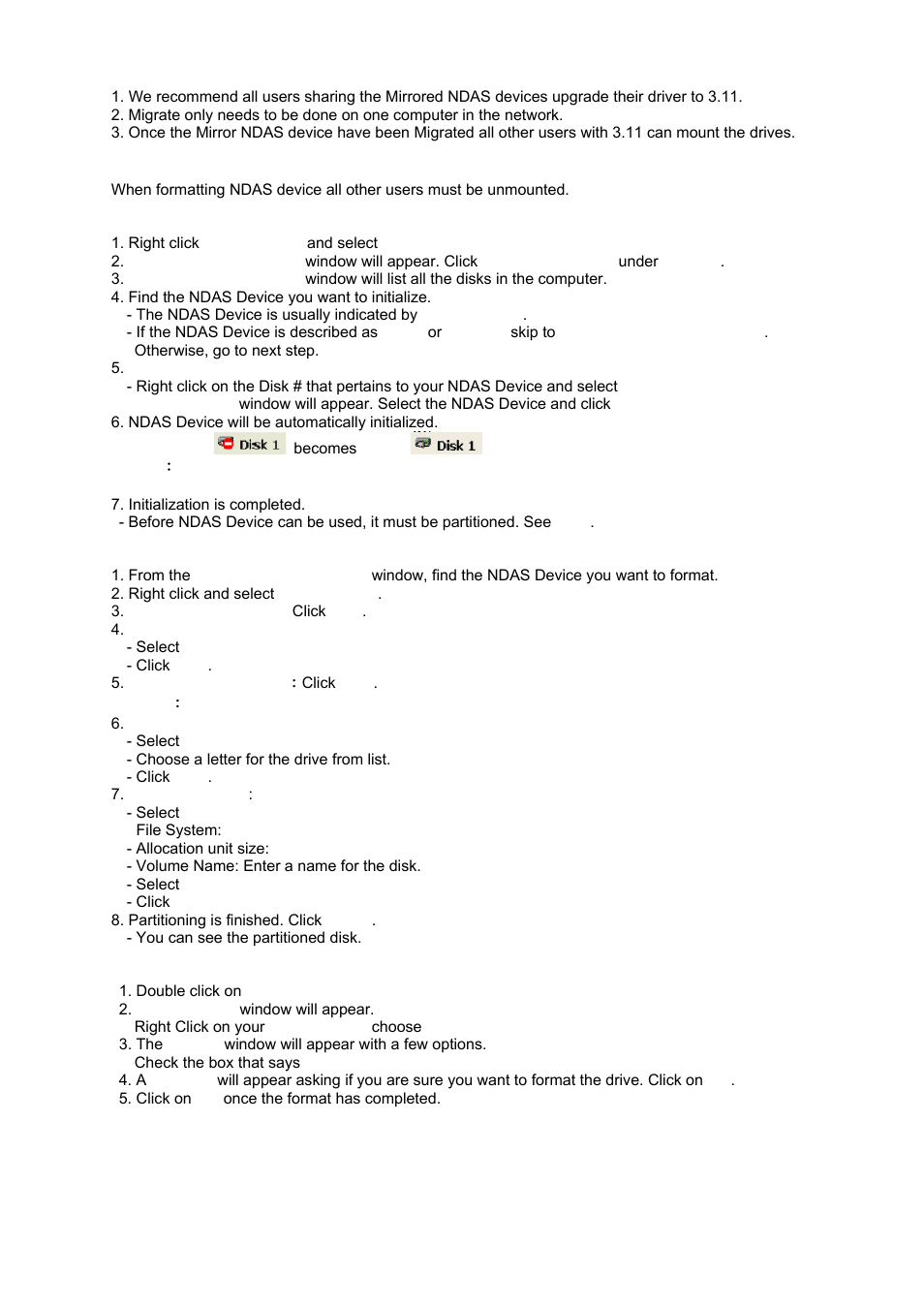 7 formatting ndas device, 1 initialize ndas device, 2 partition ndas device | 3 format ndas device through my computer | AirLive MU-7000AVs User Manual | Page 33 / 36