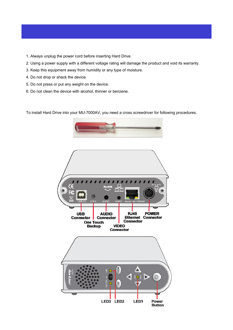 Before you get started, 1 safety instructions, 2 preliminary tools | 3 take a look at the mu-7000av, 3 take a look to the mu-7000av | AirLive MU-7000AVs User Manual | Page 7 / 36