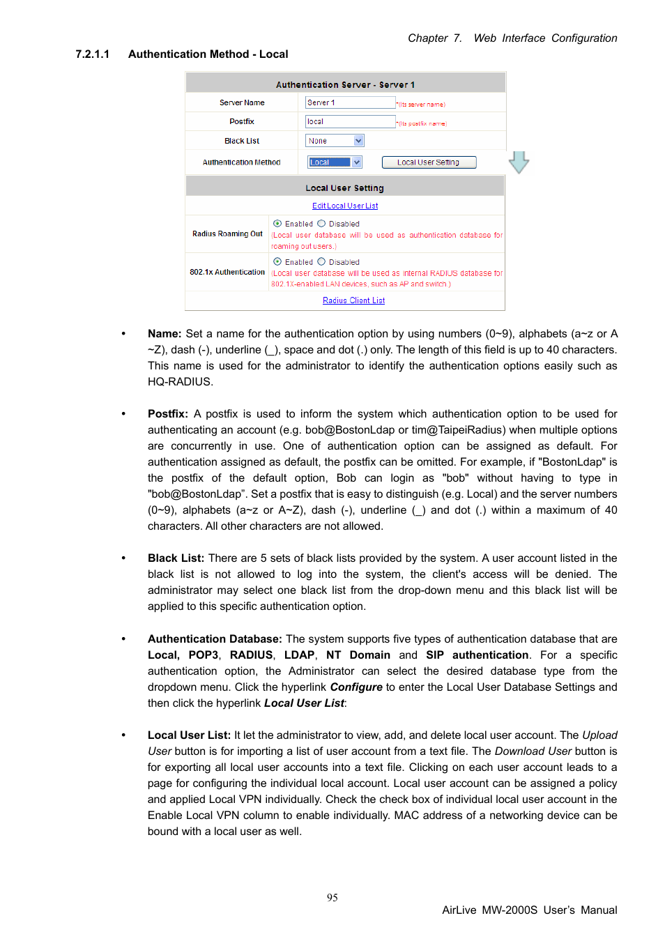 1 authentication method - local, Authentication method - local | AirLive MW-2000S User Manual | Page 100 / 225