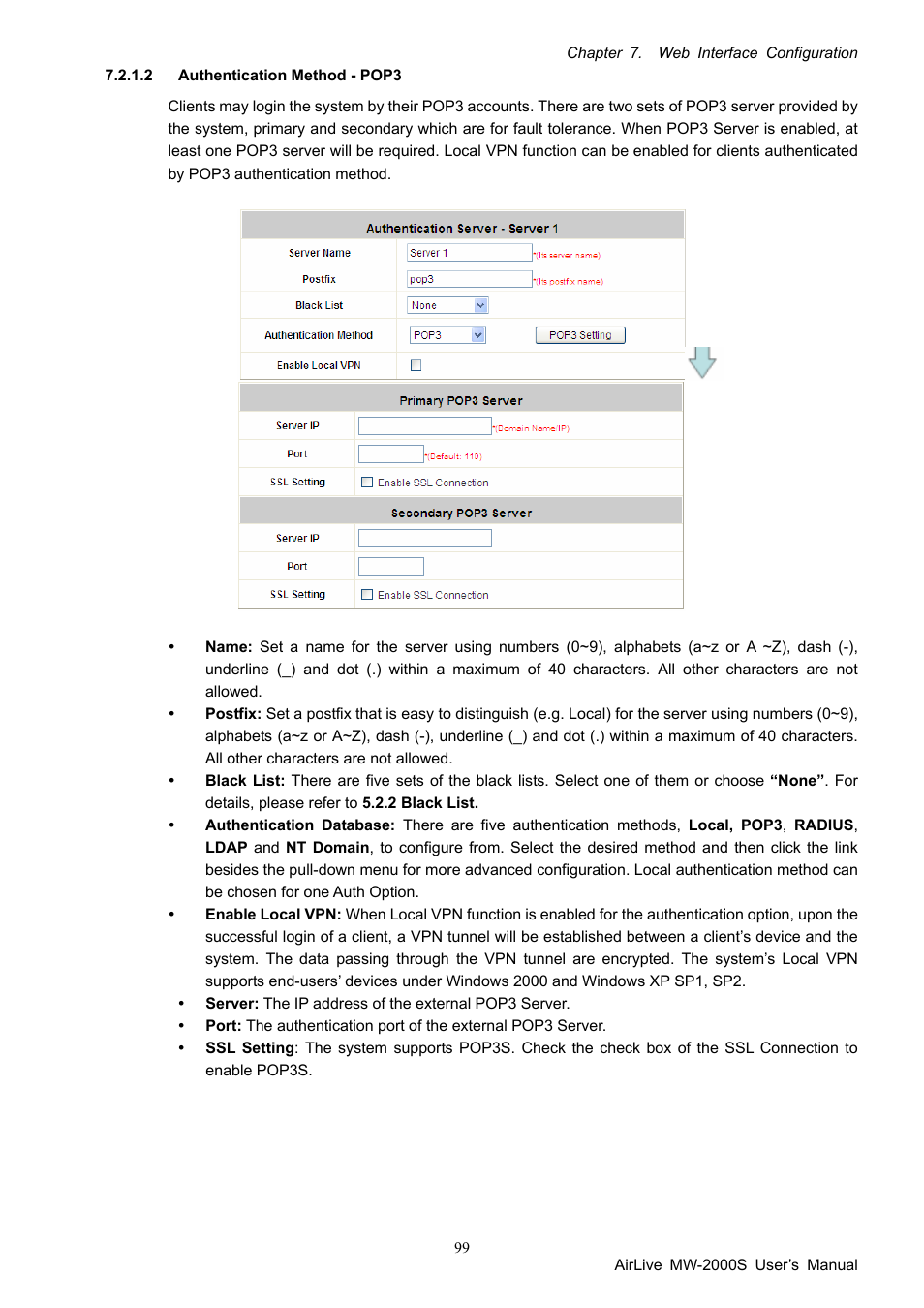 2 authentication method - pop3, Authentication method - pop3 | AirLive MW-2000S User Manual | Page 104 / 225