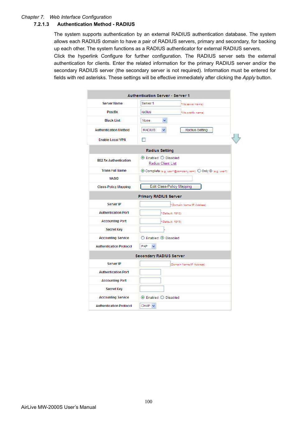 3 authentication method - radius, Authentication method - radius | AirLive MW-2000S User Manual | Page 105 / 225
