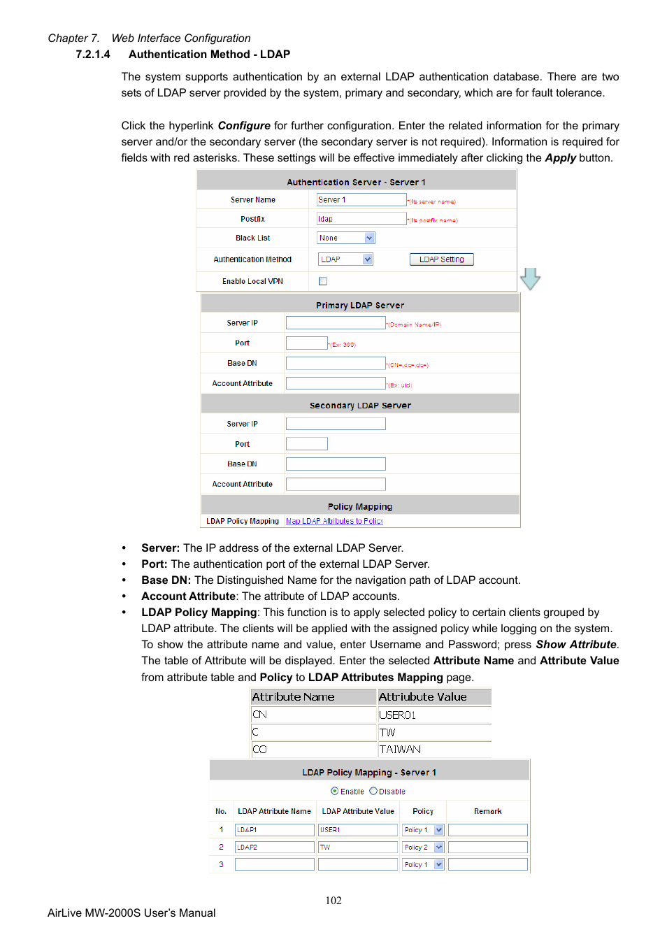 4 authentication method - ldap, Authentication method - ldap | AirLive MW-2000S User Manual | Page 107 / 225