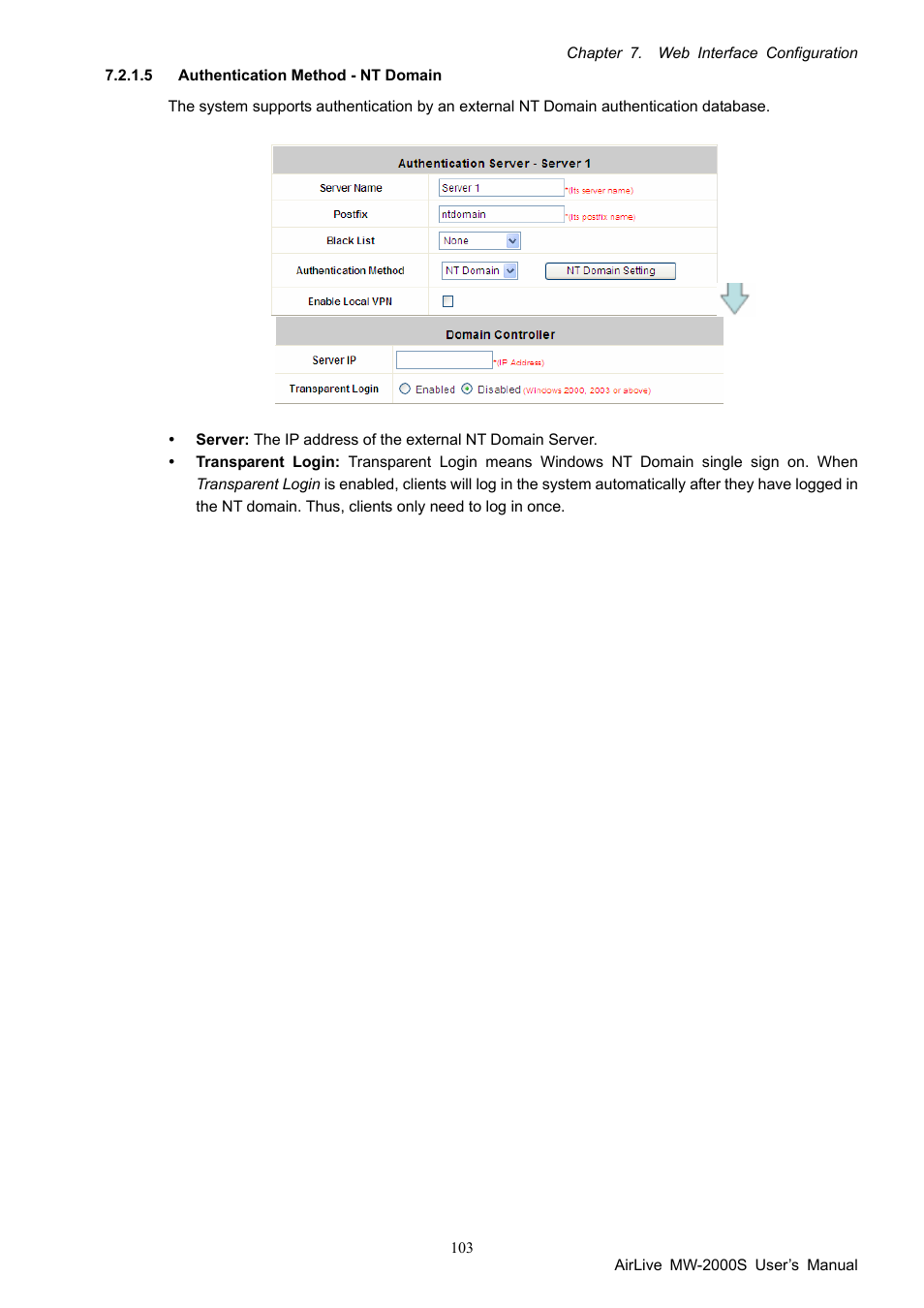 5 authentication method - nt domain, Authentication method - nt domain | AirLive MW-2000S User Manual | Page 108 / 225