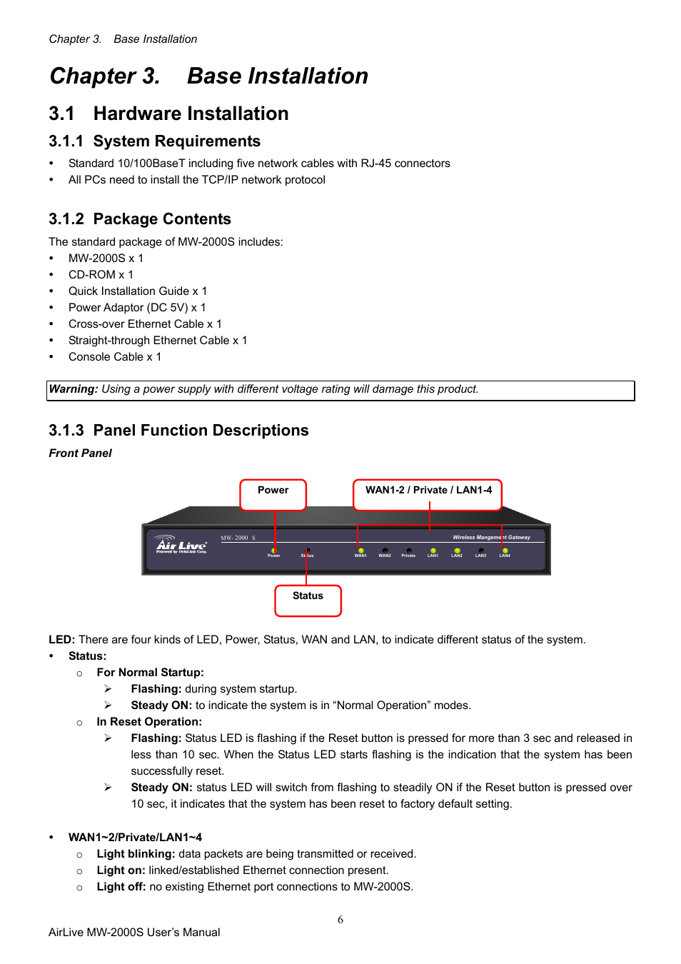 Chapter 3. base installation, 1 hardware installation, 1 system requirements | 2 package contents, 3 panel function descriptions, Hardware installation, System requirements, Package contents, Panel function descriptions | AirLive MW-2000S User Manual | Page 11 / 225