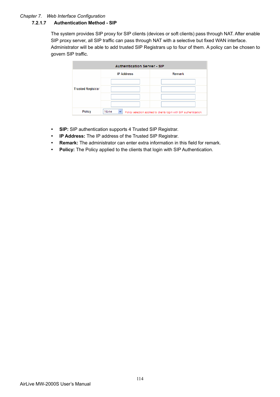 7 authentication method - sip, Authentication method - sip | AirLive MW-2000S User Manual | Page 119 / 225