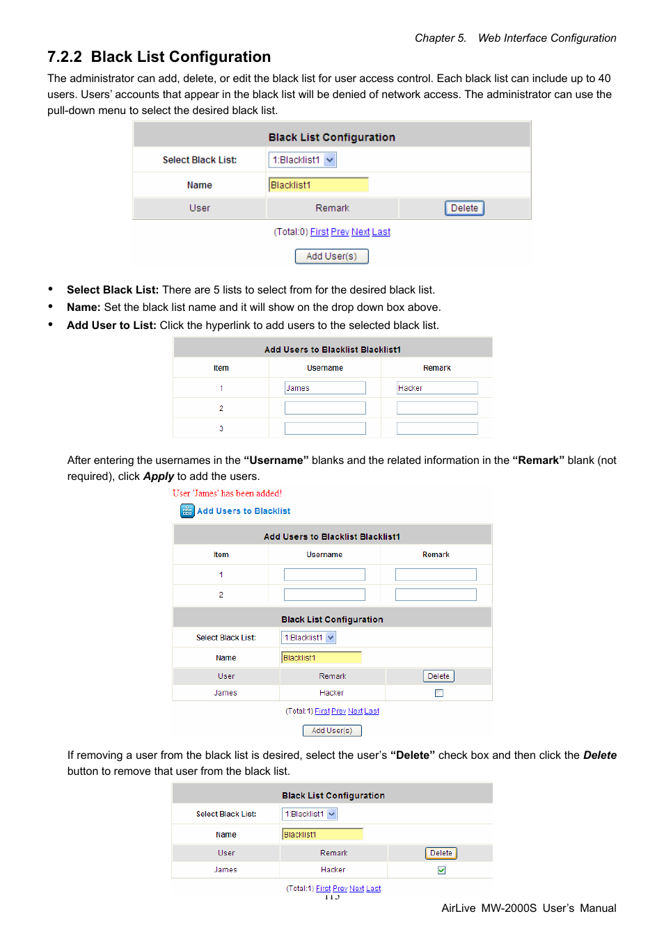 2 black list configuration, Black list configuration | AirLive MW-2000S User Manual | Page 120 / 225