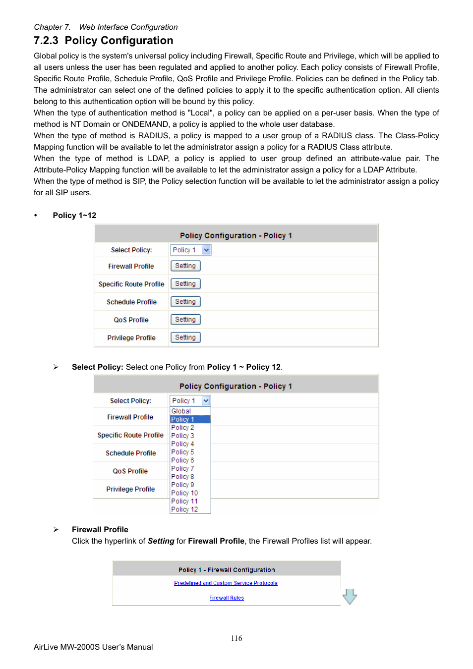 3 policy configuration, Policy configuration | AirLive MW-2000S User Manual | Page 121 / 225