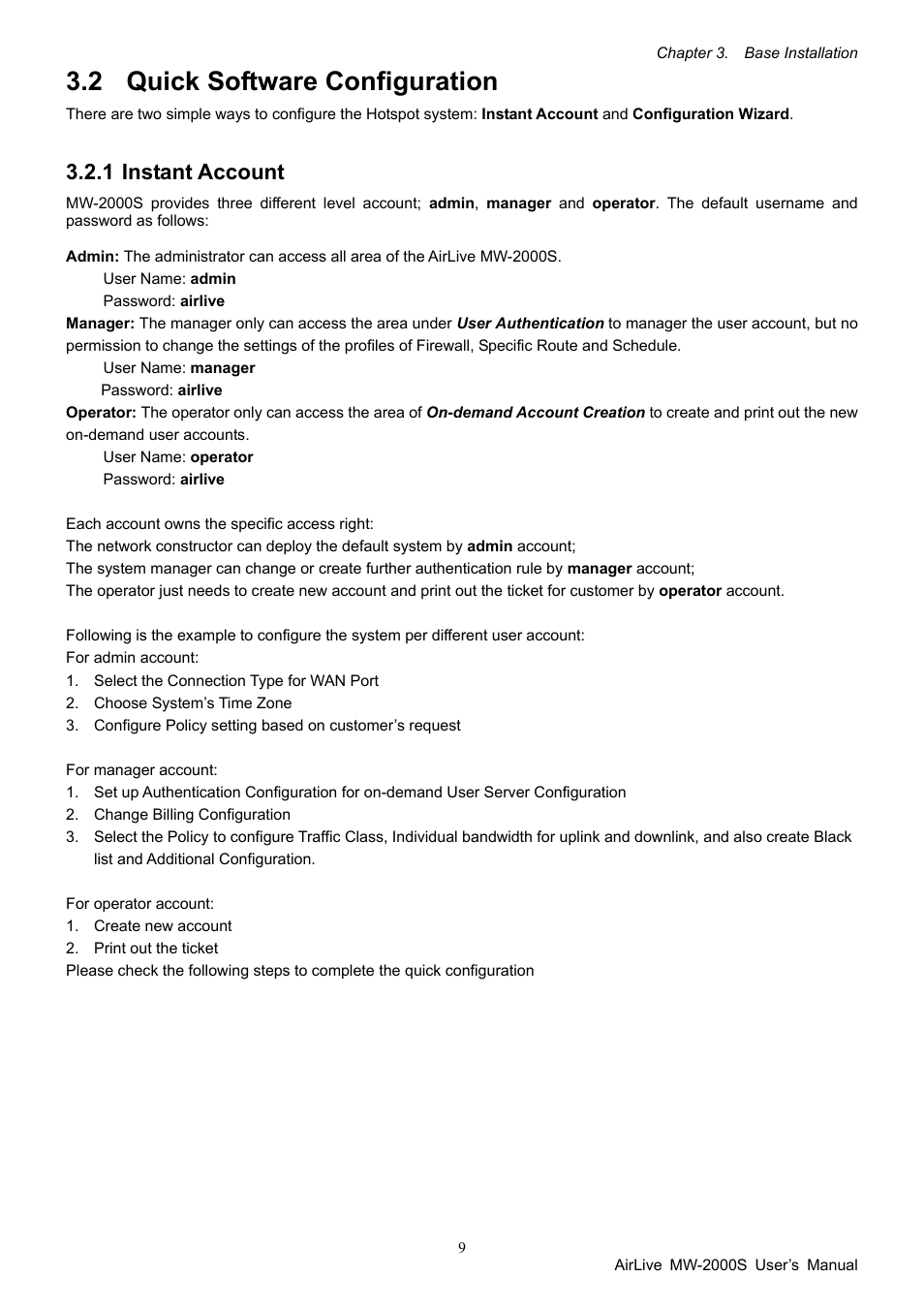 2 quick software configuration, 1 instant account, Quick software configuration | Instant account | AirLive MW-2000S User Manual | Page 14 / 225