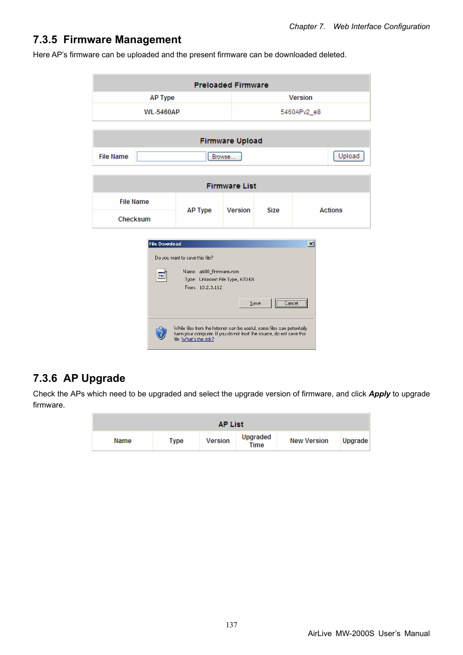 5 firmware management, 6 ap upgrade, Firmware management | Ap upgrade | AirLive MW-2000S User Manual | Page 142 / 225