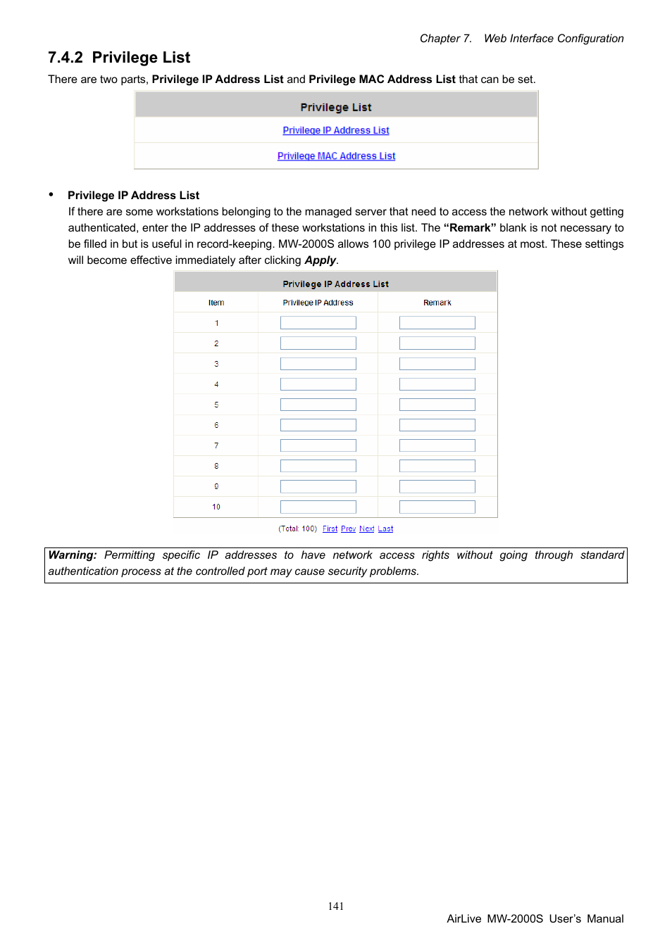 2 privilege list, Privilege list | AirLive MW-2000S User Manual | Page 146 / 225