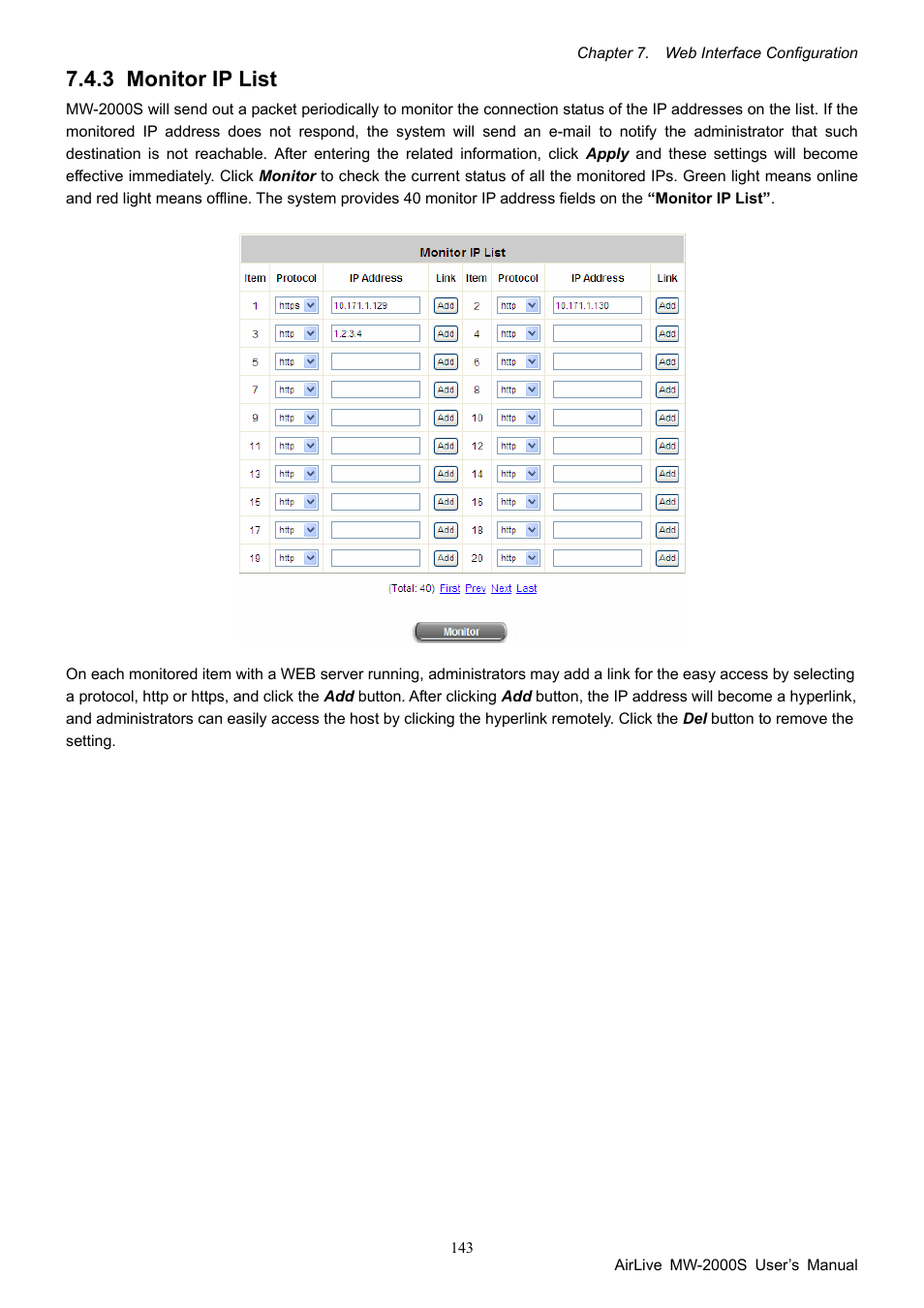 3 monitor ip list, Monitor ip list | AirLive MW-2000S User Manual | Page 148 / 225