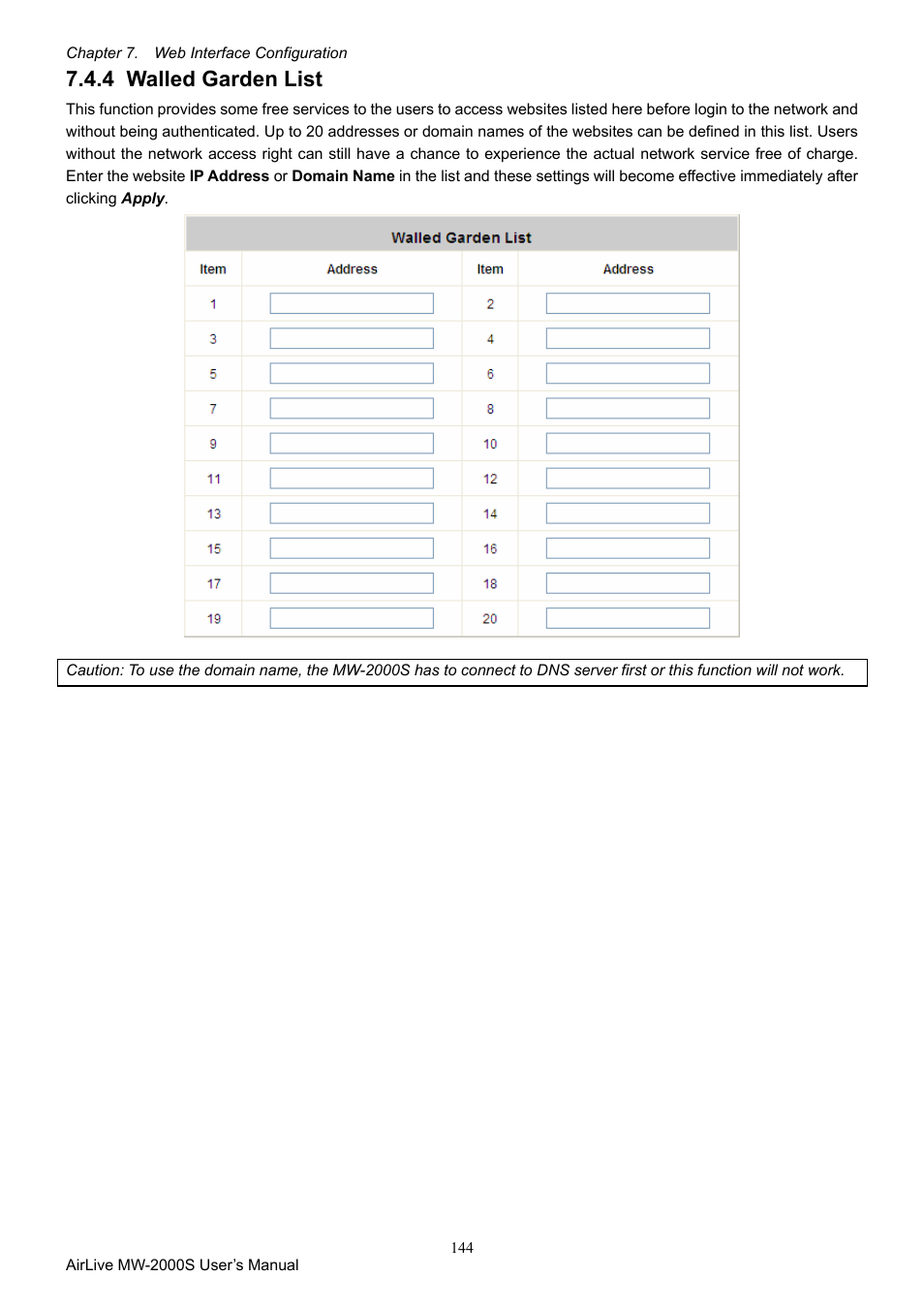 4 walled garden list, Walled garden list | AirLive MW-2000S User Manual | Page 149 / 225