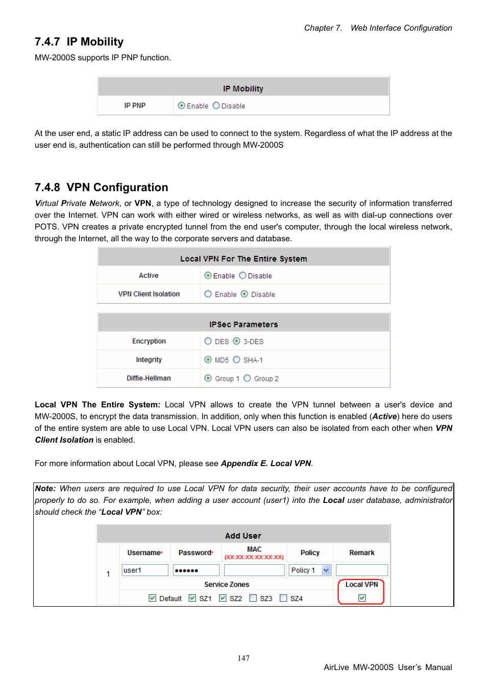 7 ip mobility, 8 vpn configuration, Ip mobility | Vpn configuration | AirLive MW-2000S User Manual | Page 152 / 225