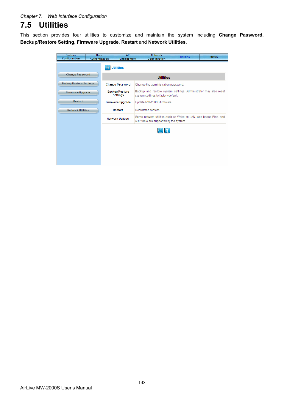 5 utilities, Utilities | AirLive MW-2000S User Manual | Page 153 / 225