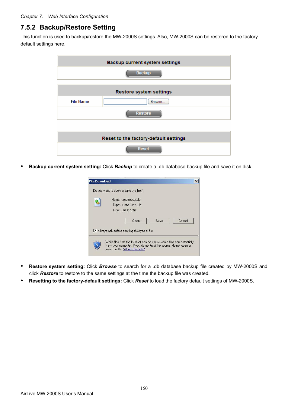 2 backup/restore setting, Backup/restore setting | AirLive MW-2000S User Manual | Page 155 / 225