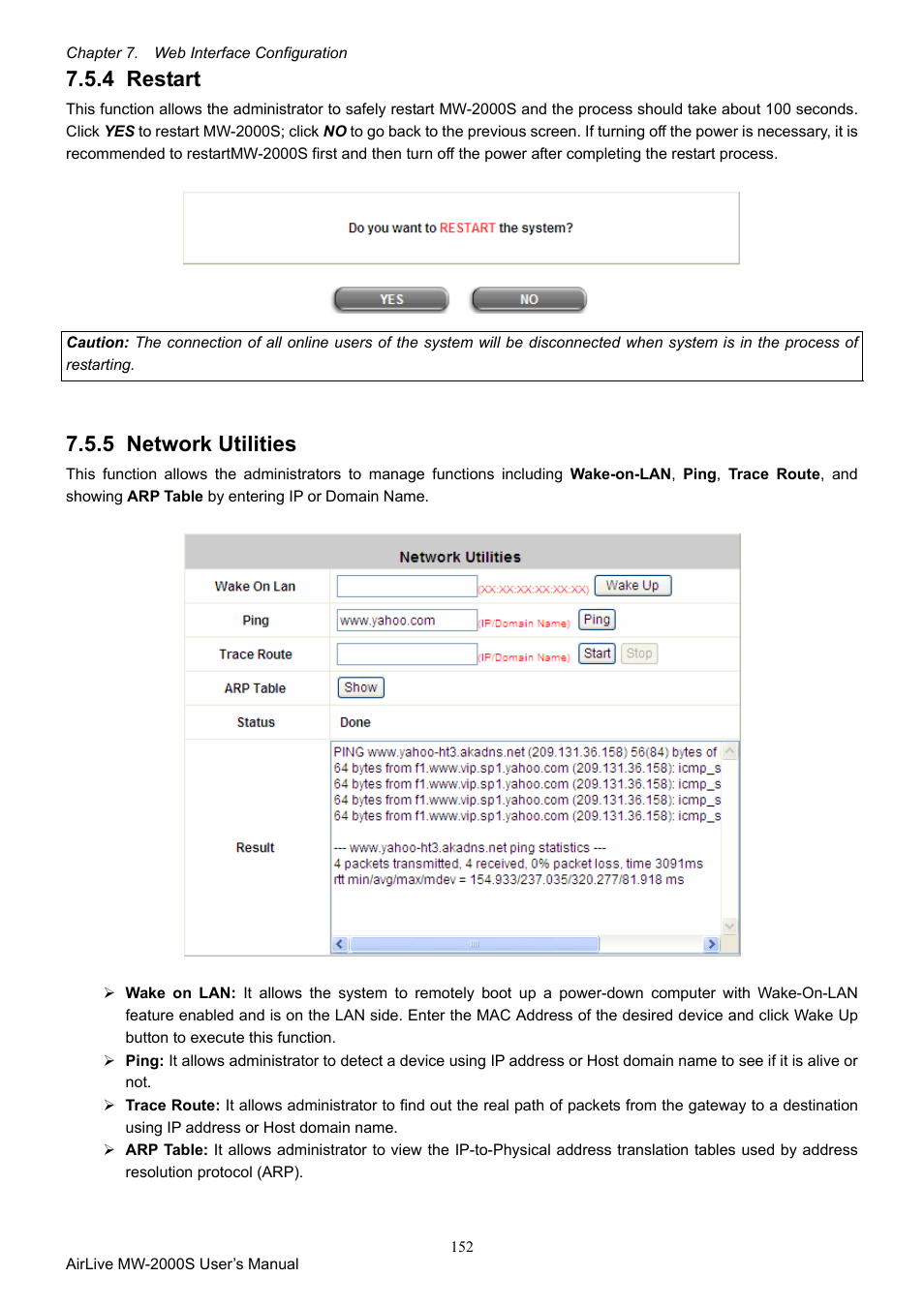 4 restart, 5 network utilities, Restart | Network utilities | AirLive MW-2000S User Manual | Page 157 / 225