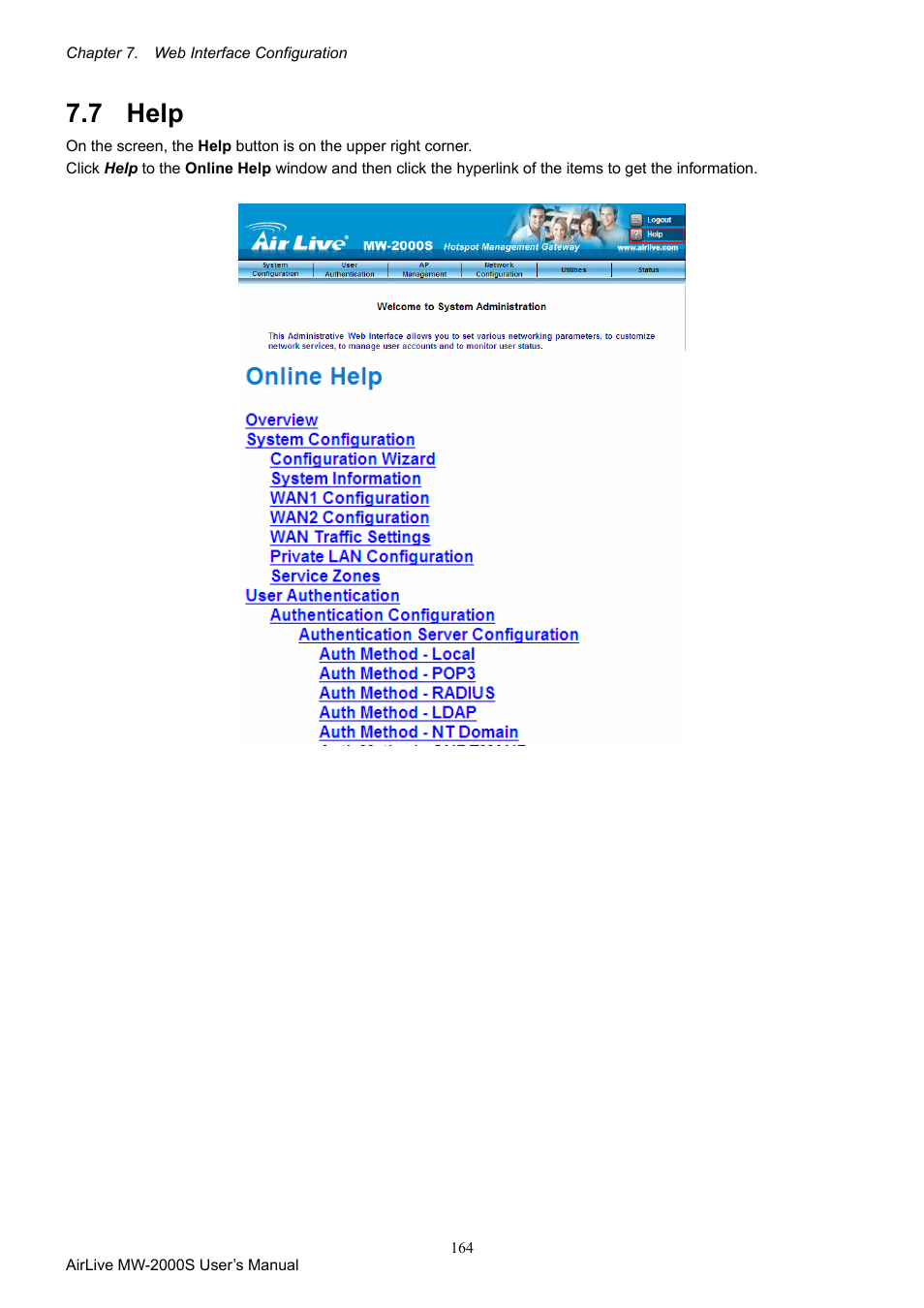 7 help, Help | AirLive MW-2000S User Manual | Page 169 / 225