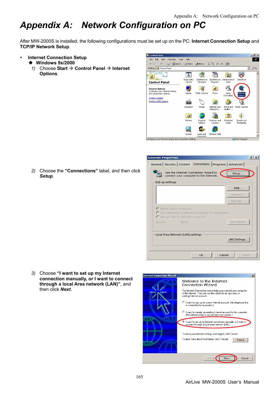 Appendix a. network configuration on pc, Appendix a: network configuration on pc | AirLive MW-2000S User Manual | Page 170 / 225