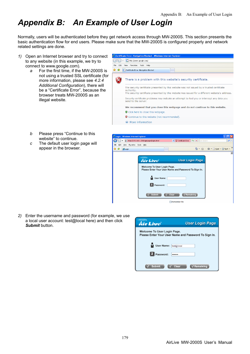 Appendix b. an example of user login, Appendix b: an example of user login | AirLive MW-2000S User Manual | Page 184 / 225